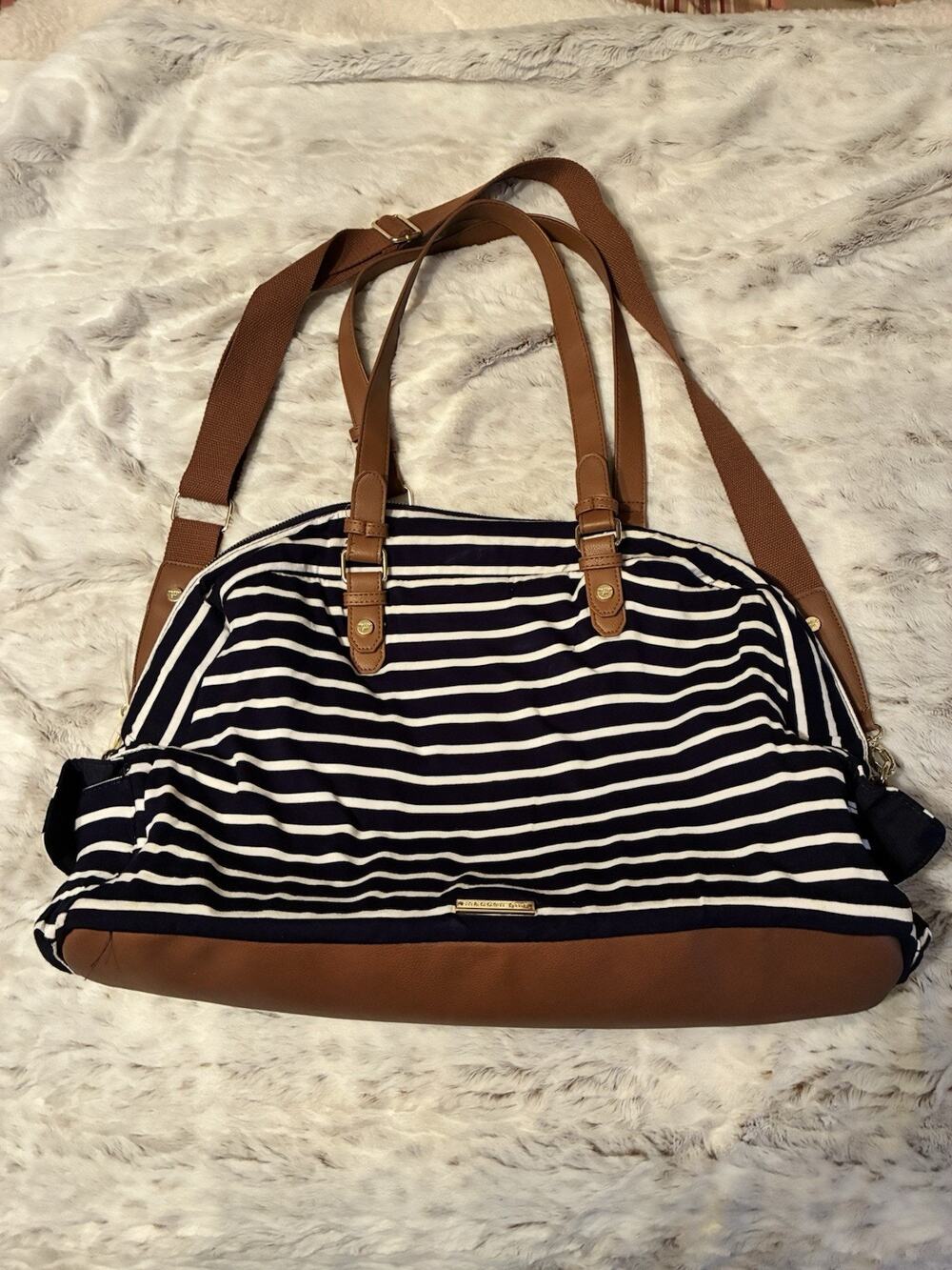 Madden Girl Women's Navy Striped weekender Bag Zip Closure With Inner Pockets